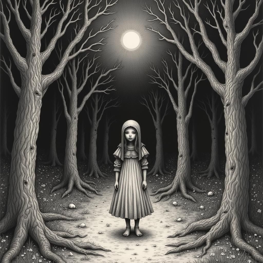 Girl in Dreamscape Forest: Line Art Illustration