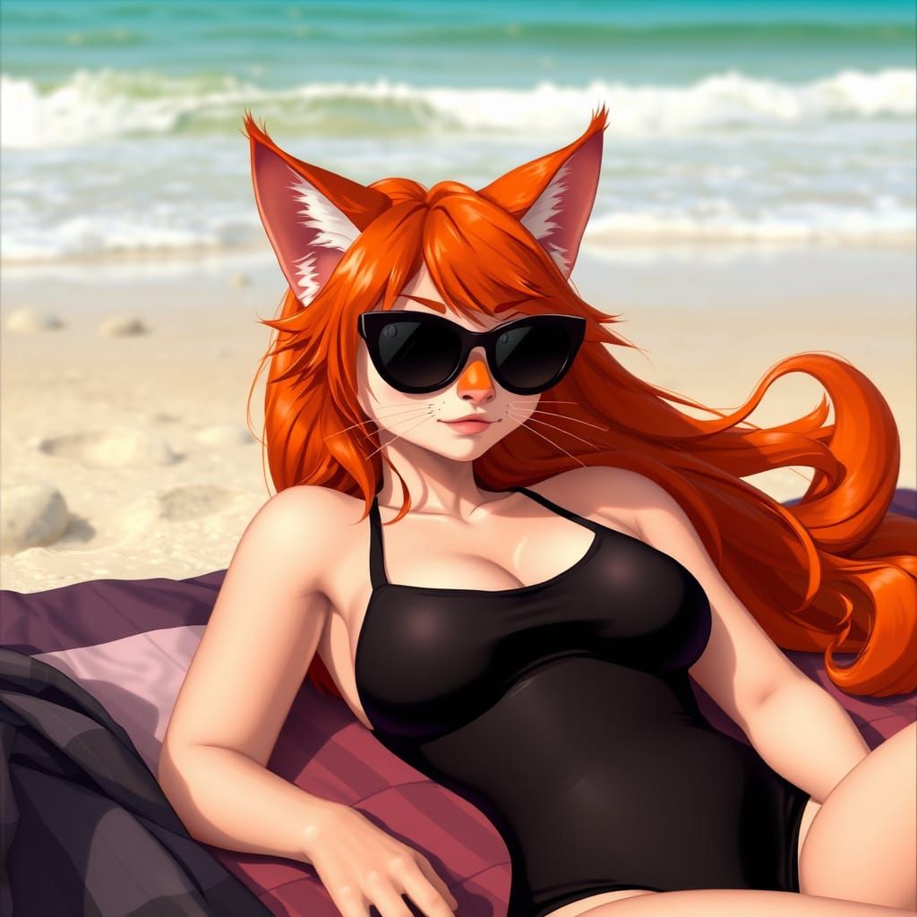 Anthropomorphic Cat Girl Lounging on Beach