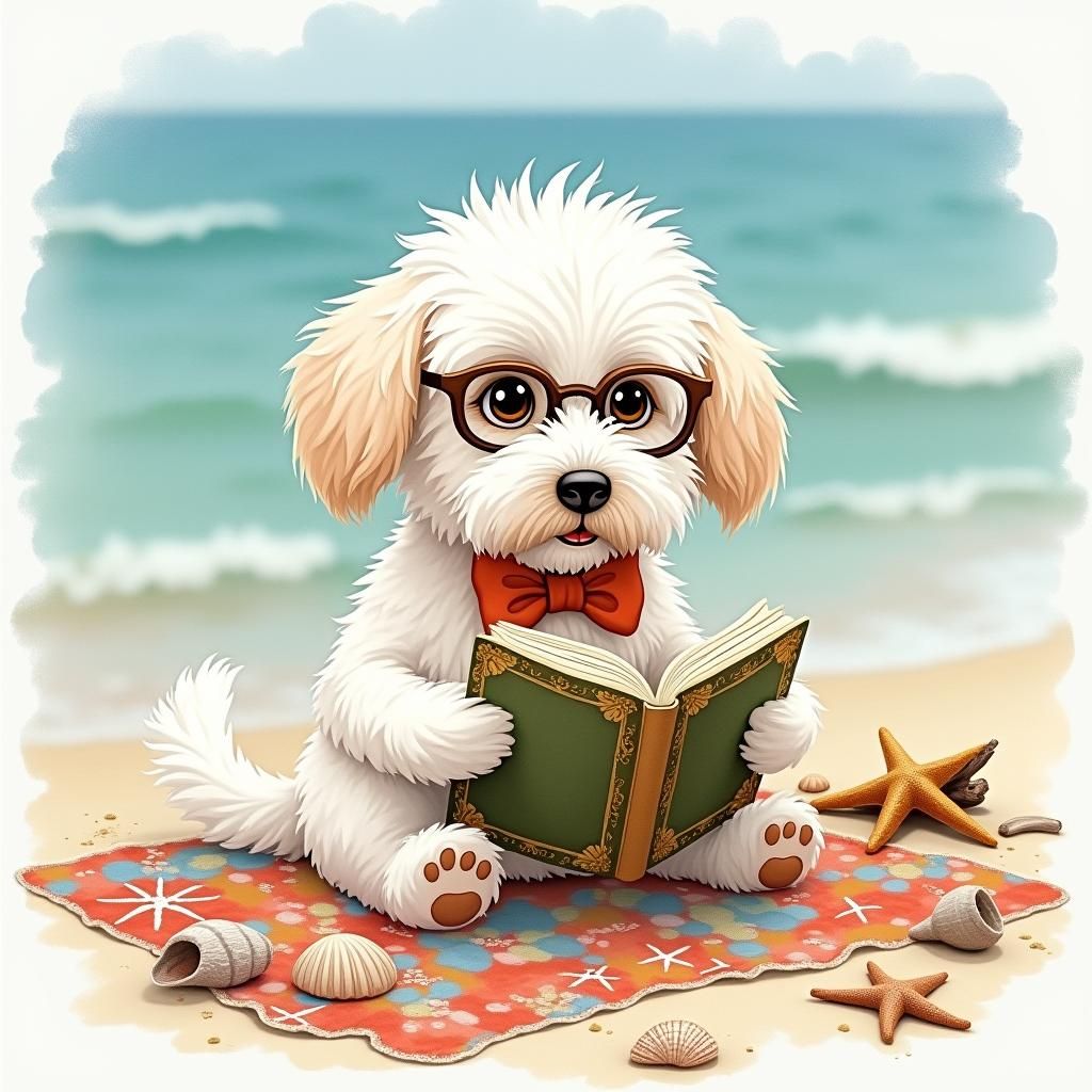 Dog Reading Book at Seashore in Watercolor Style