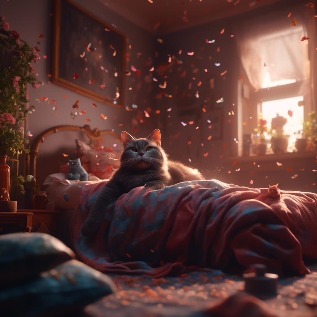 Upside Down Cat Purring in Detailed Matte Painting