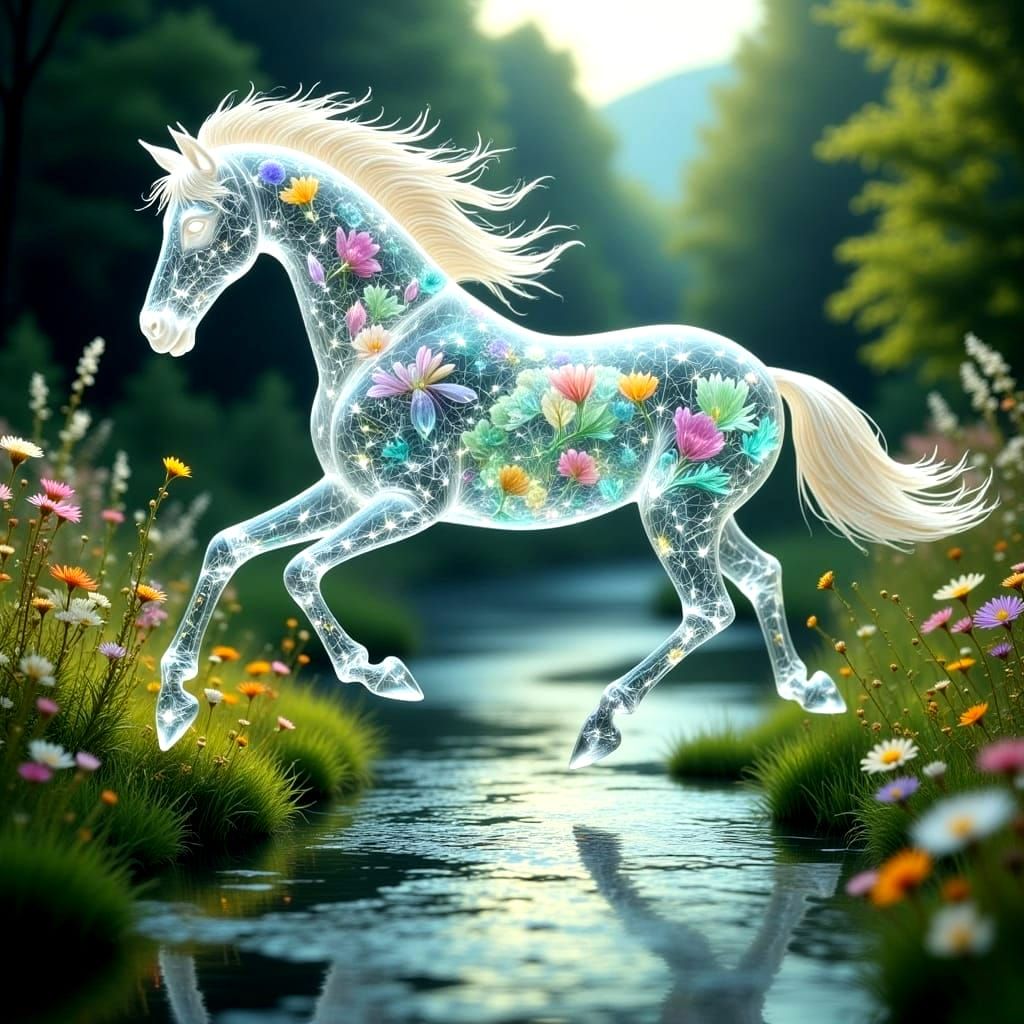 Surreal Horse in Cracked Porcelain with Crystal Embellishmen...