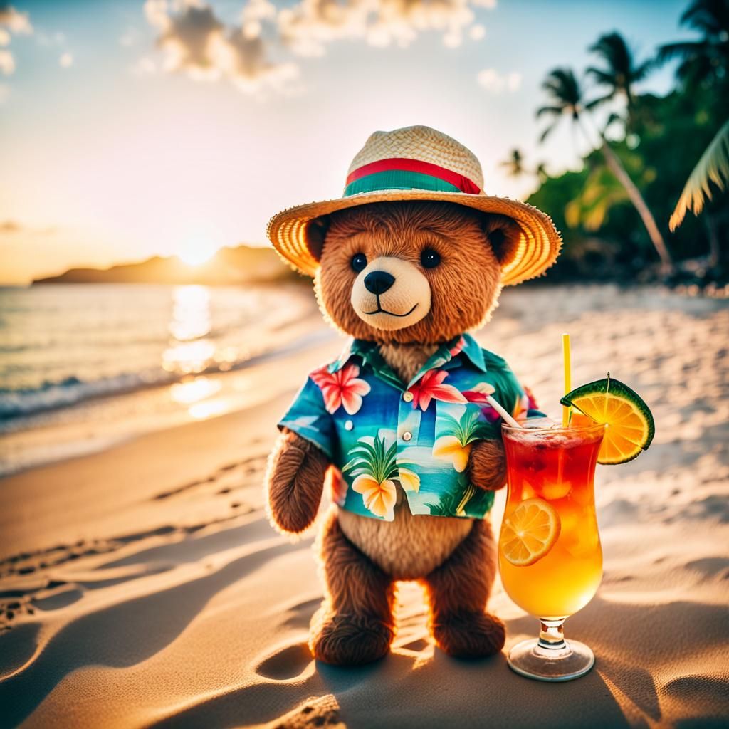 Teddy Bear on Tropical Vacation in Cinematic Style