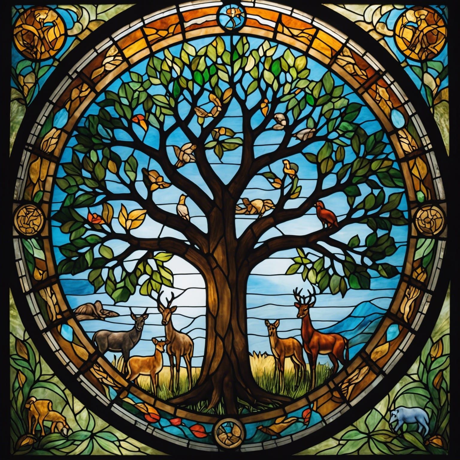 Stained Glass Tree of Life with African Animals