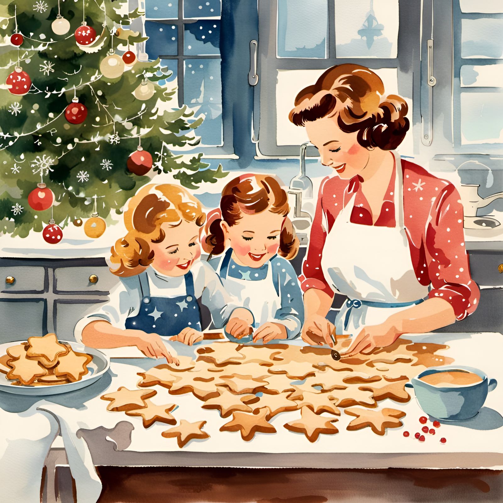 Vintage Watercolor: Mother and Daughter Baking Cookies