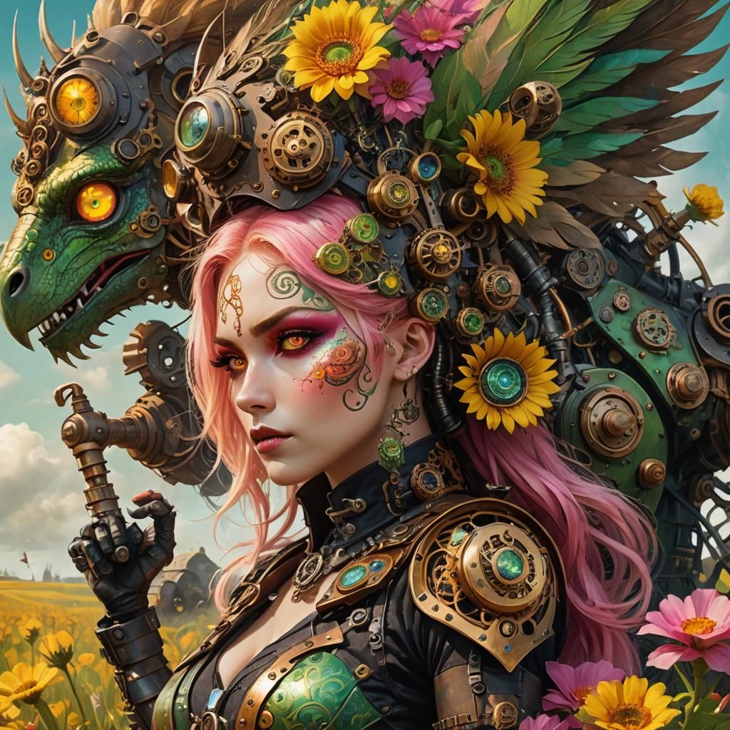Steampunk Dragon Peacock Woman in Vivid Digital Art