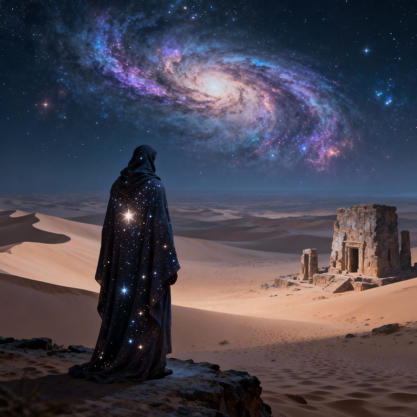Cosmic Desert Wanderer Under Nebulae Sky