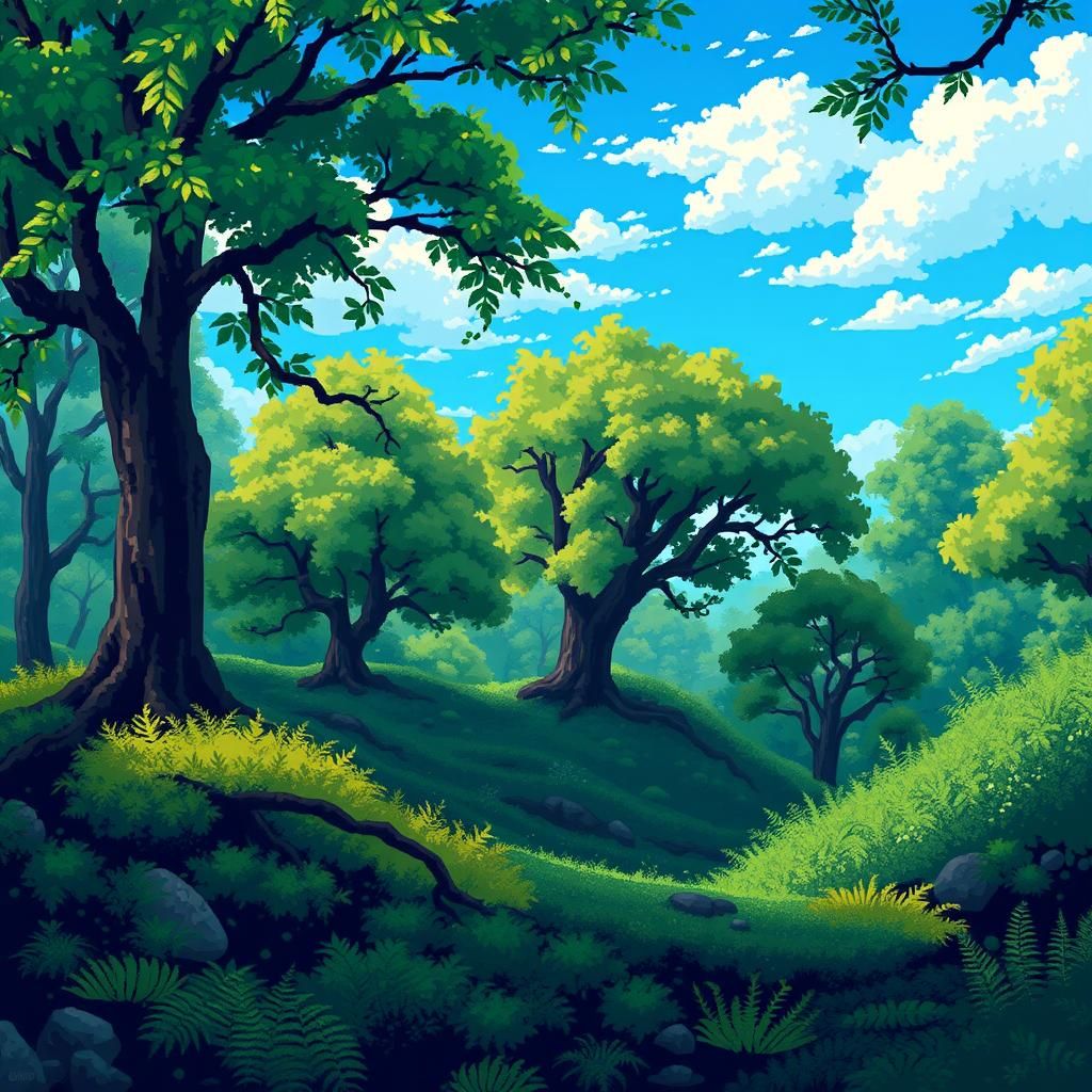 Nostalgic Pixel Art Forest Scene with Shimmering Trees