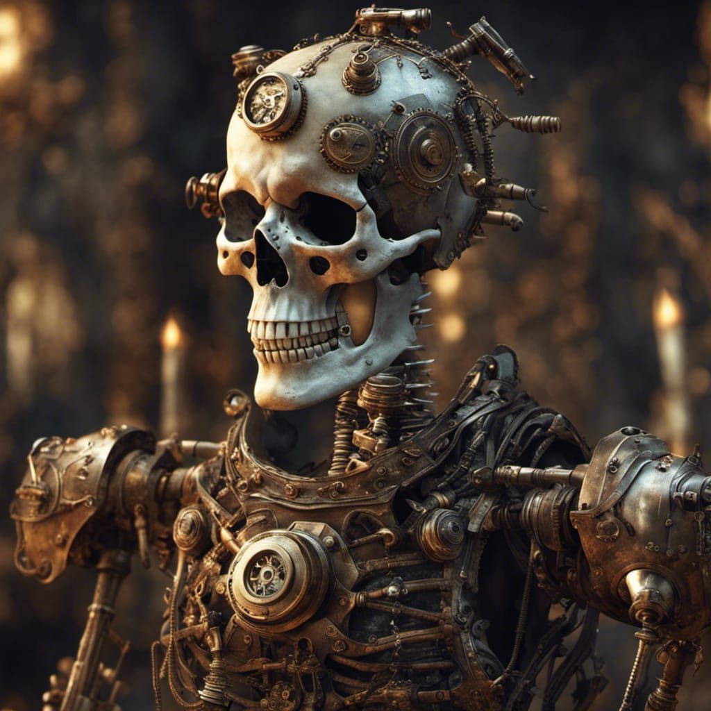 Steampunk Skeleton in Bulky Armor, Horror Art