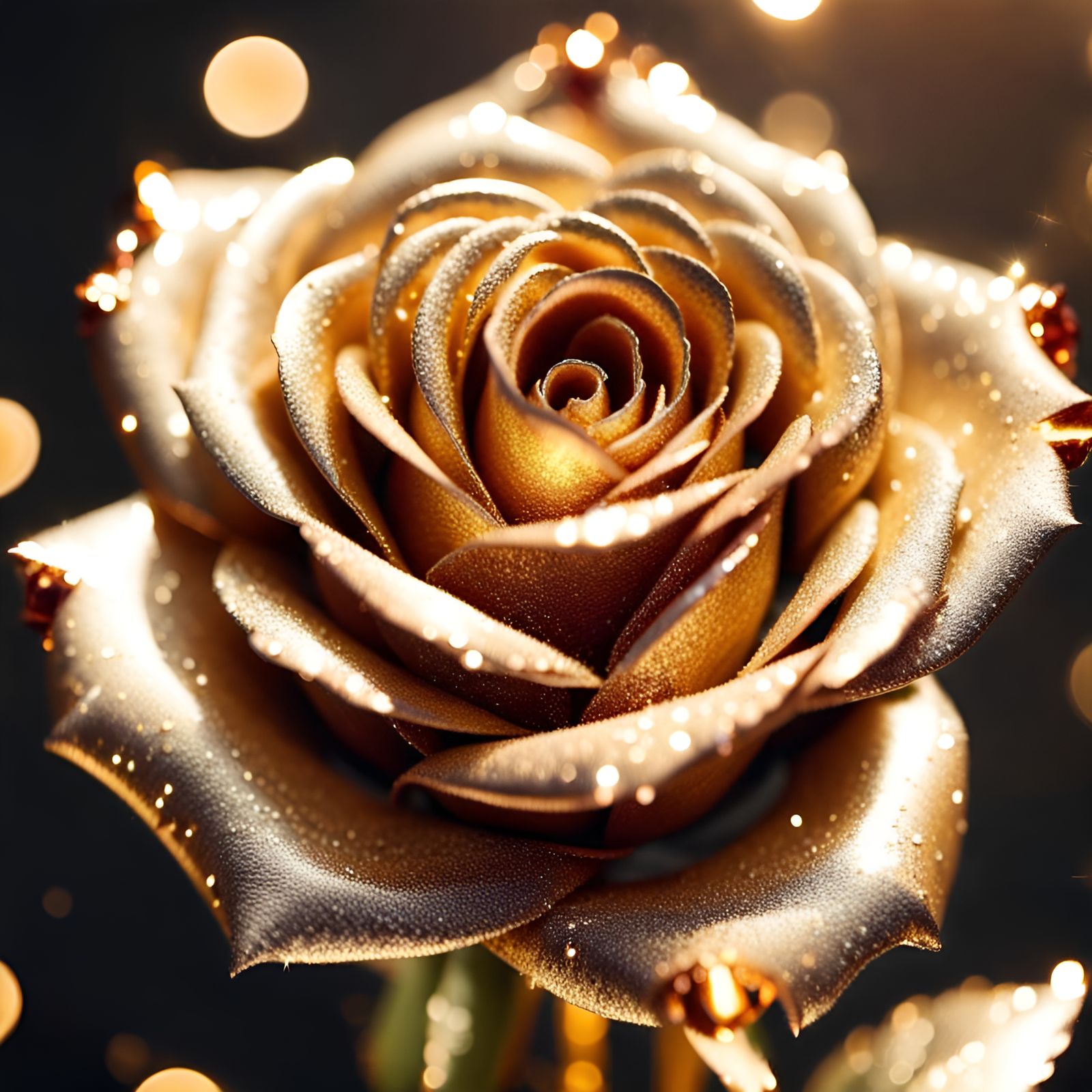 Glimmering Golden Metal Rose with Sparkling Light