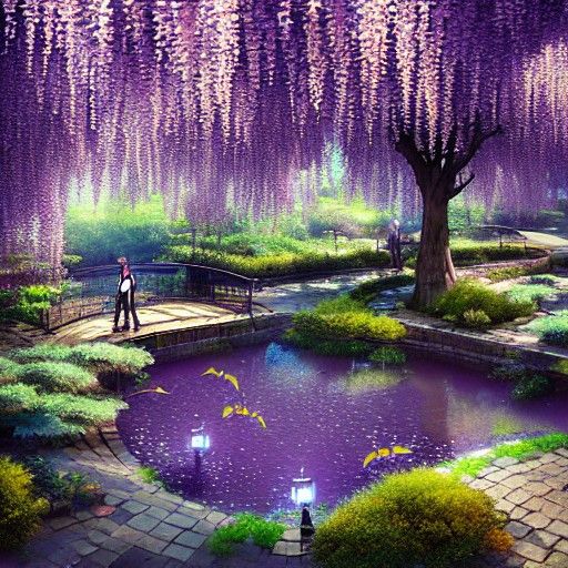Sakura and Wysteria City Park with Fish Pond