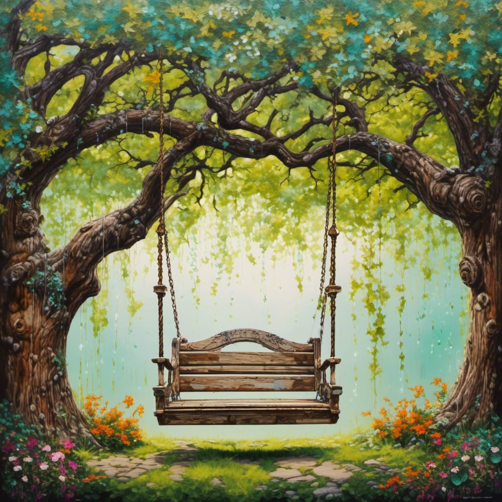 Wooden Swing in Secret Garden: Mixed Media Art