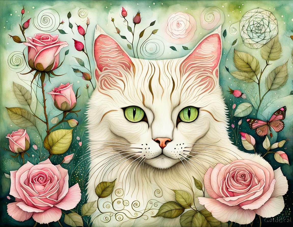 Ivory Cat in Magical Garden: Surreal Watercolor Art