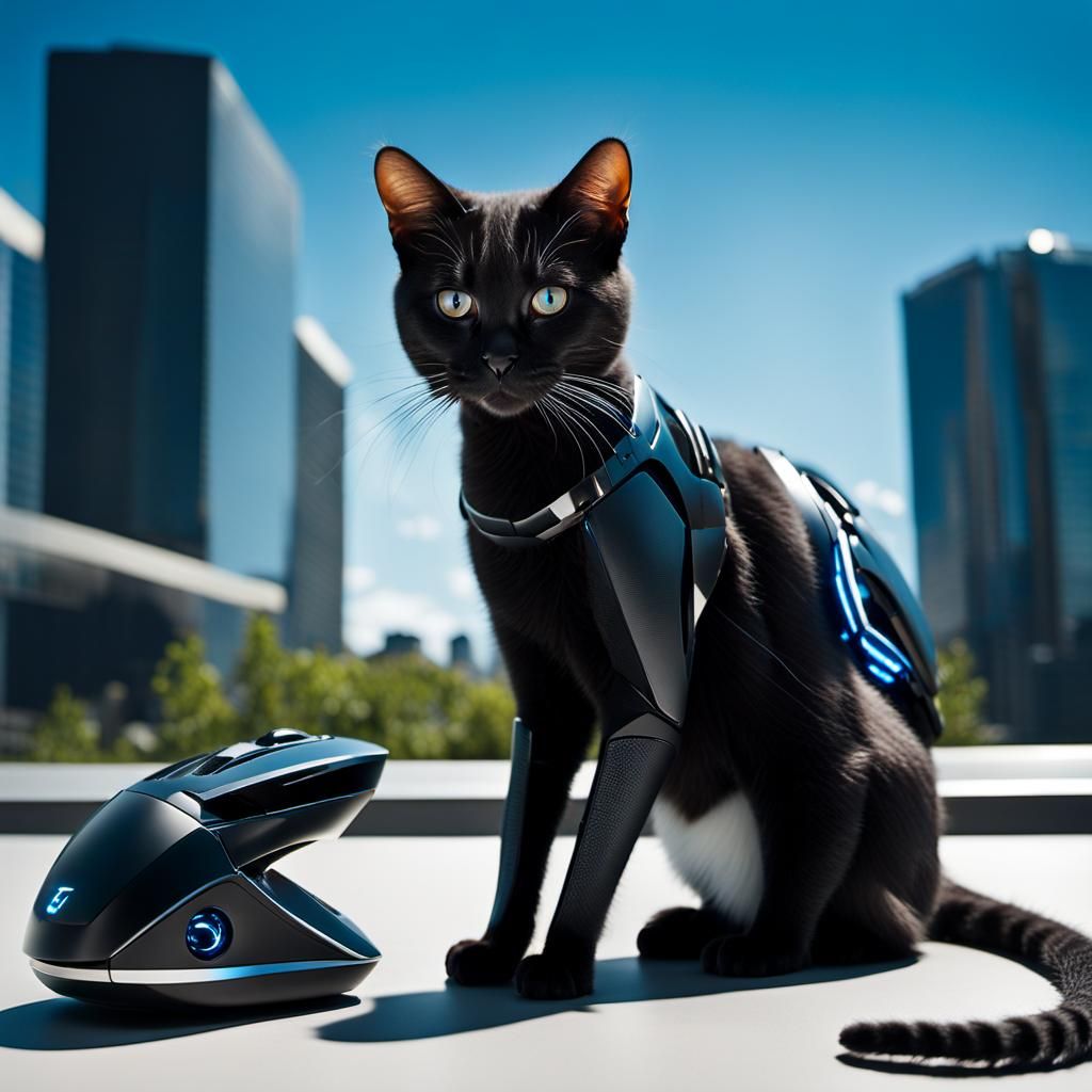 a majestic cat, enhanced with sleek, carbon fiber-like augme...