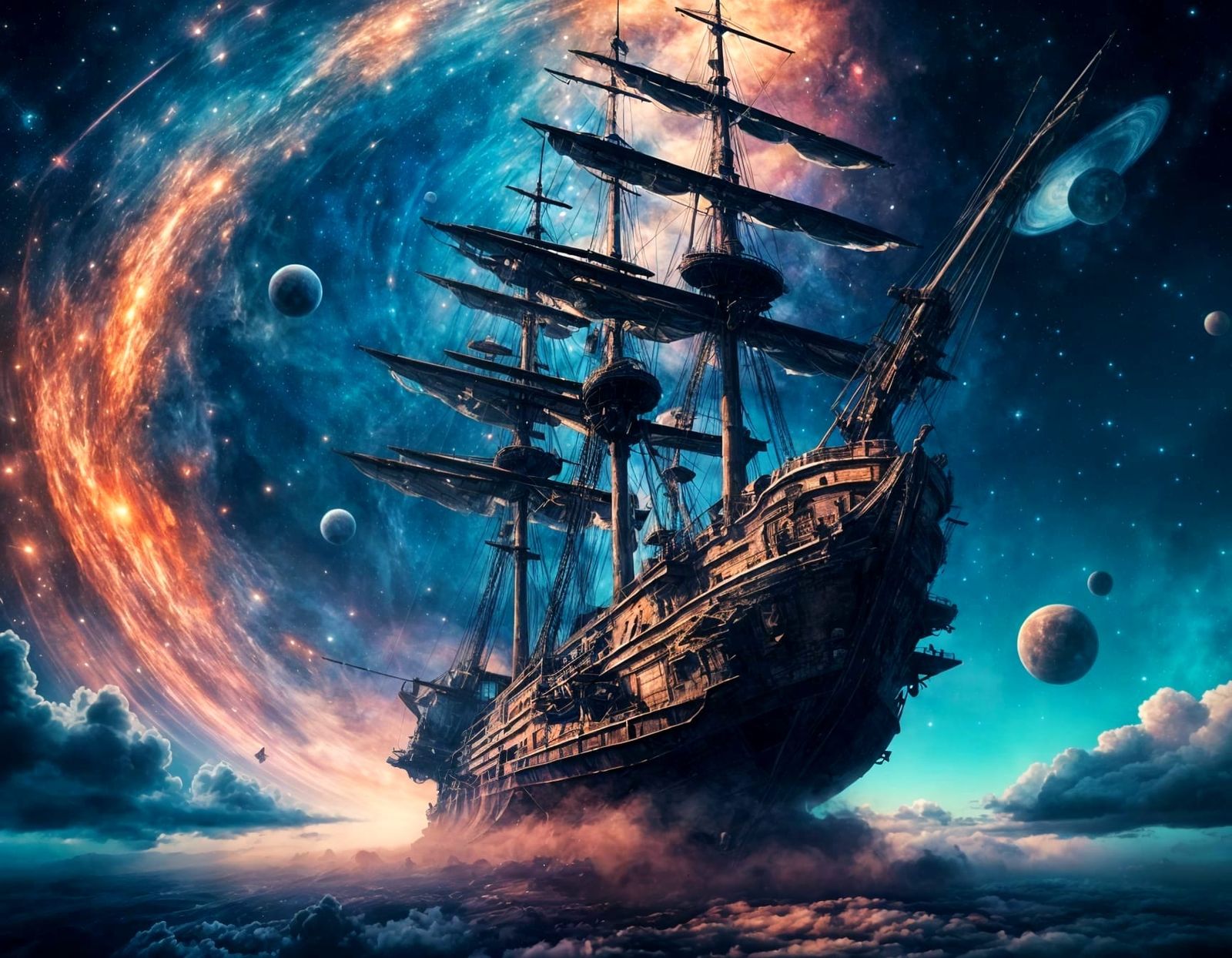Surreal Digital Art Galleon Sailing Nebula