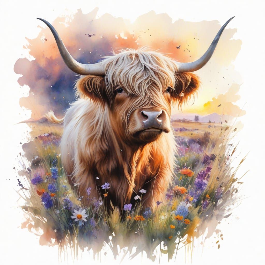 Surreal Highland Cow Amidst Vibrant Wildflowers at Sunset