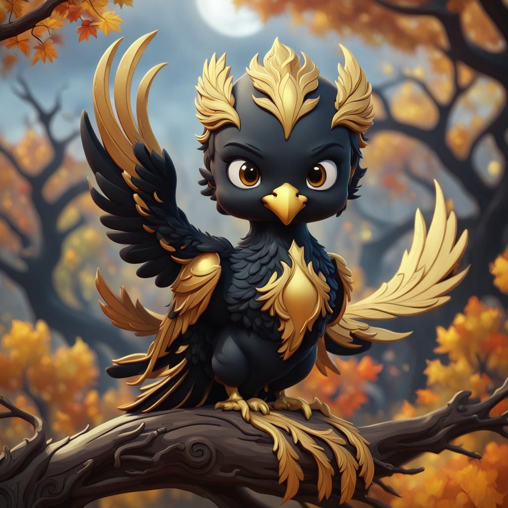 Chibi Black and Gold Phoenix on Autumn Branch