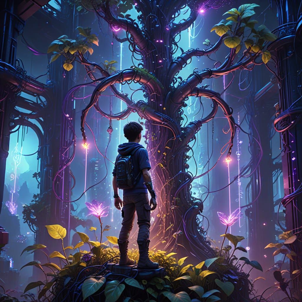 Cyberpunk Boy Climbs Cybernetic Beanstalk: Fantasy Art