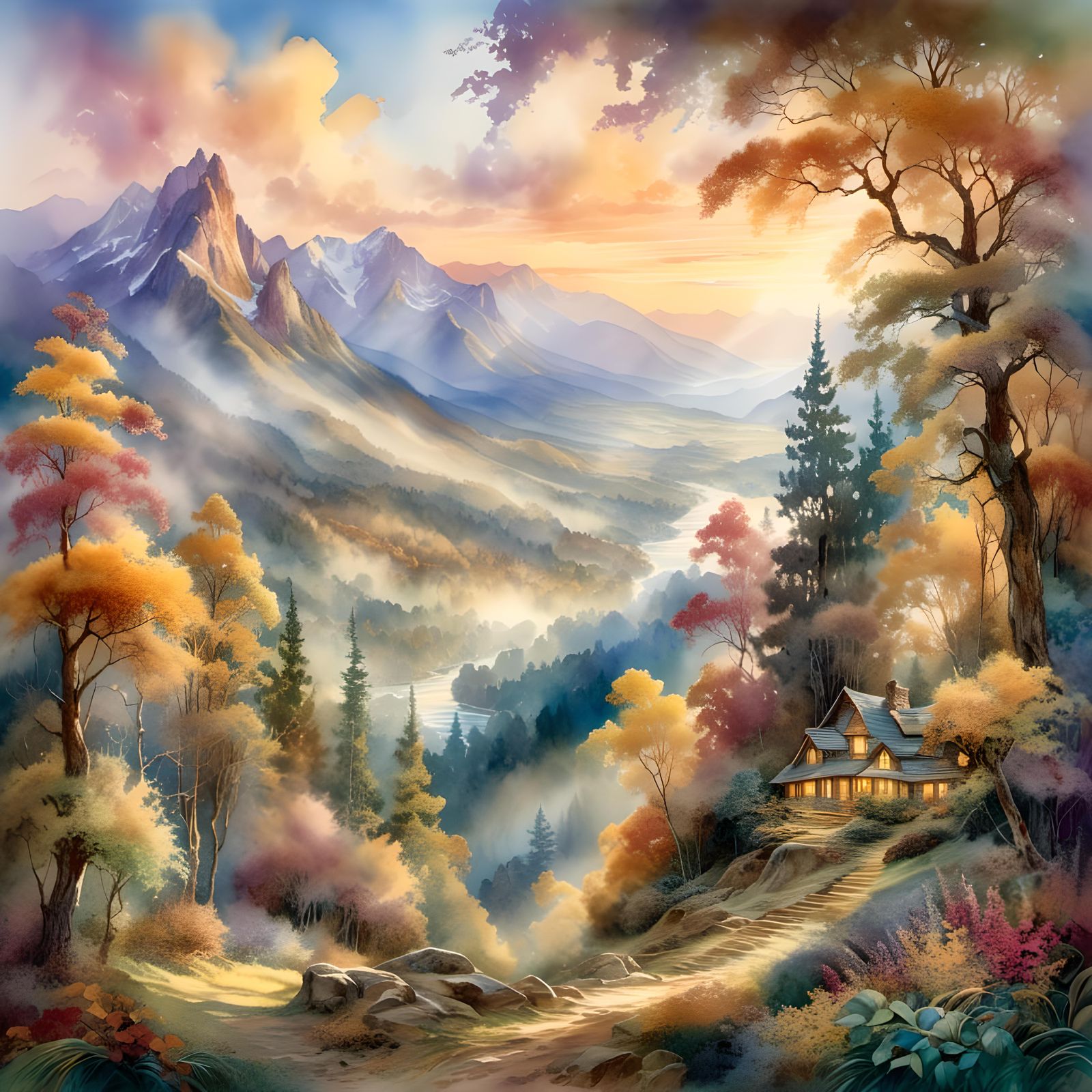 Watercolor Forest Scene with Mountain View