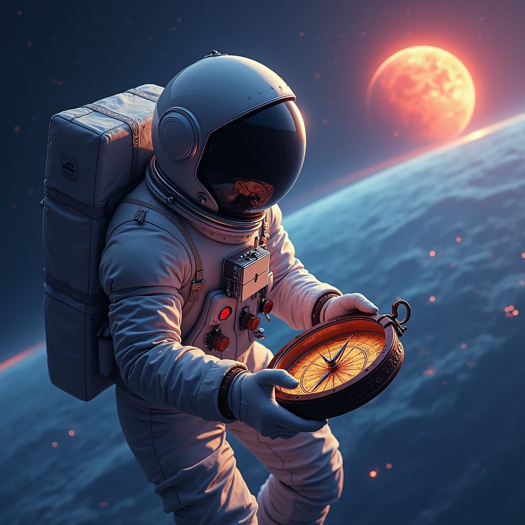 Astronaut in Synthwave Space with Compass