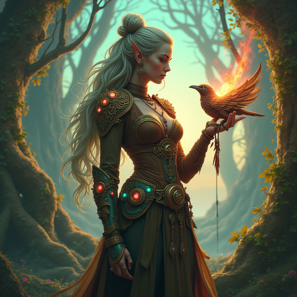 Female Elf Artificer Druid with Mechanical Bird