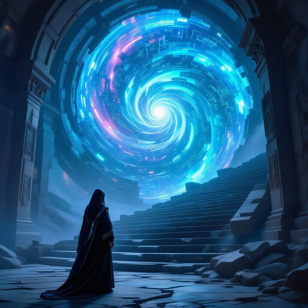 Woman at Digital Stairway to Nebula in Ancient Ruins