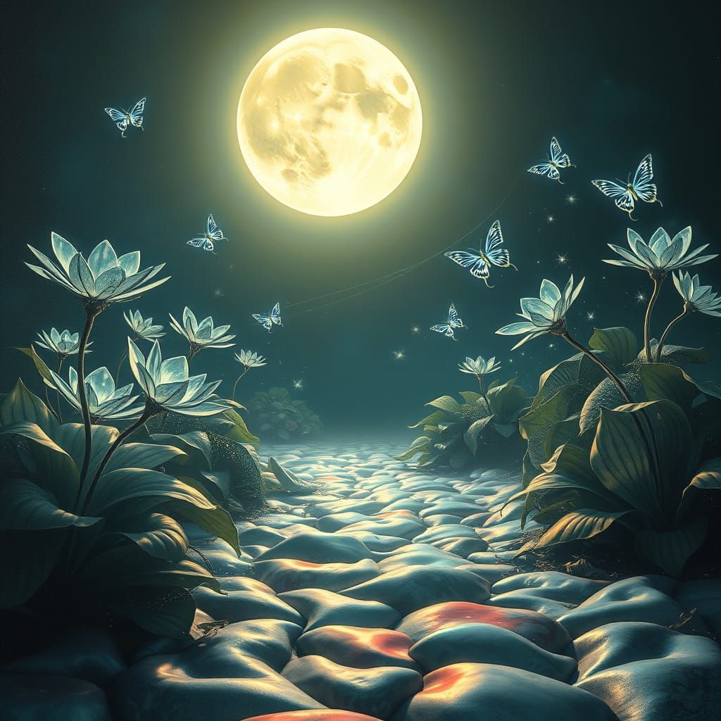 Dreamlike Garden Under Ethereal Artificial Moon