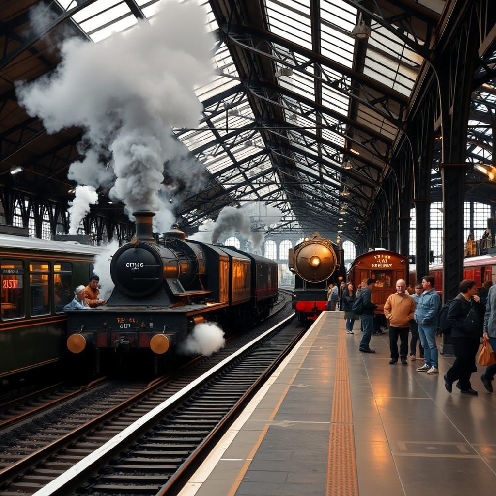 Railway Station Scene with Steam Trains