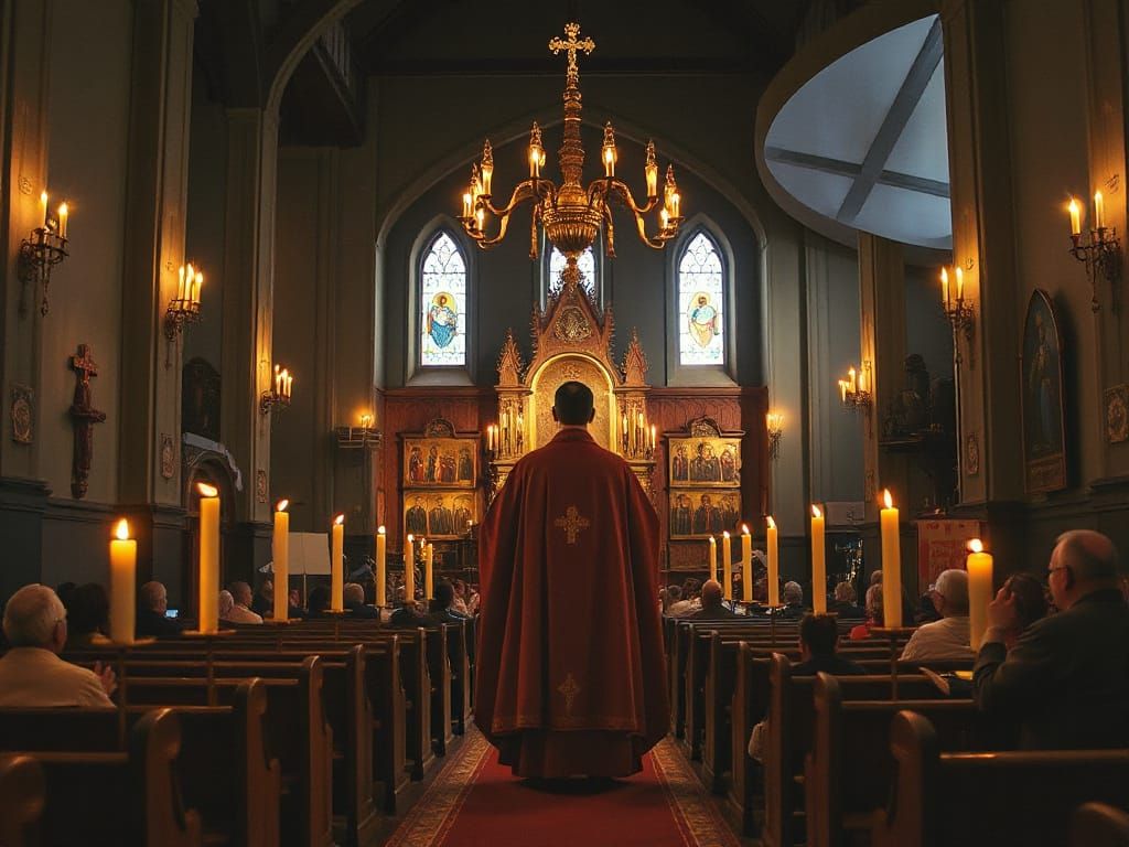 Orthodox Priest Leads Evening Service of Supplication in Dim...