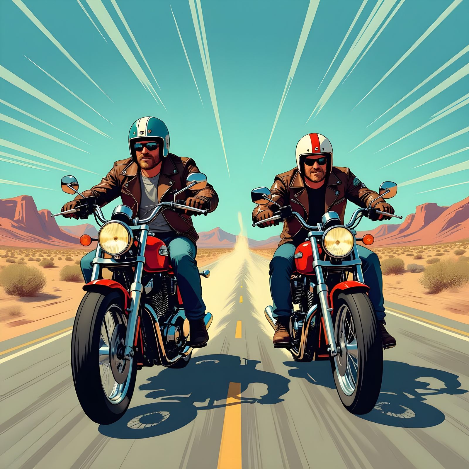Brothers Ride Motorcycles Down Desert Highway in Comic Style