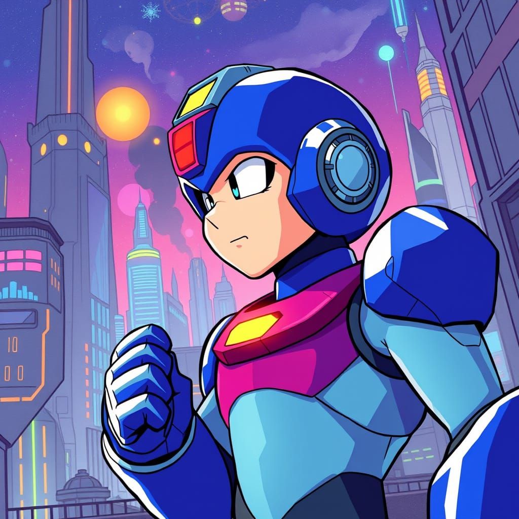 Mega Man Observes Futuristic Cityscape with Curiosity and Sk...