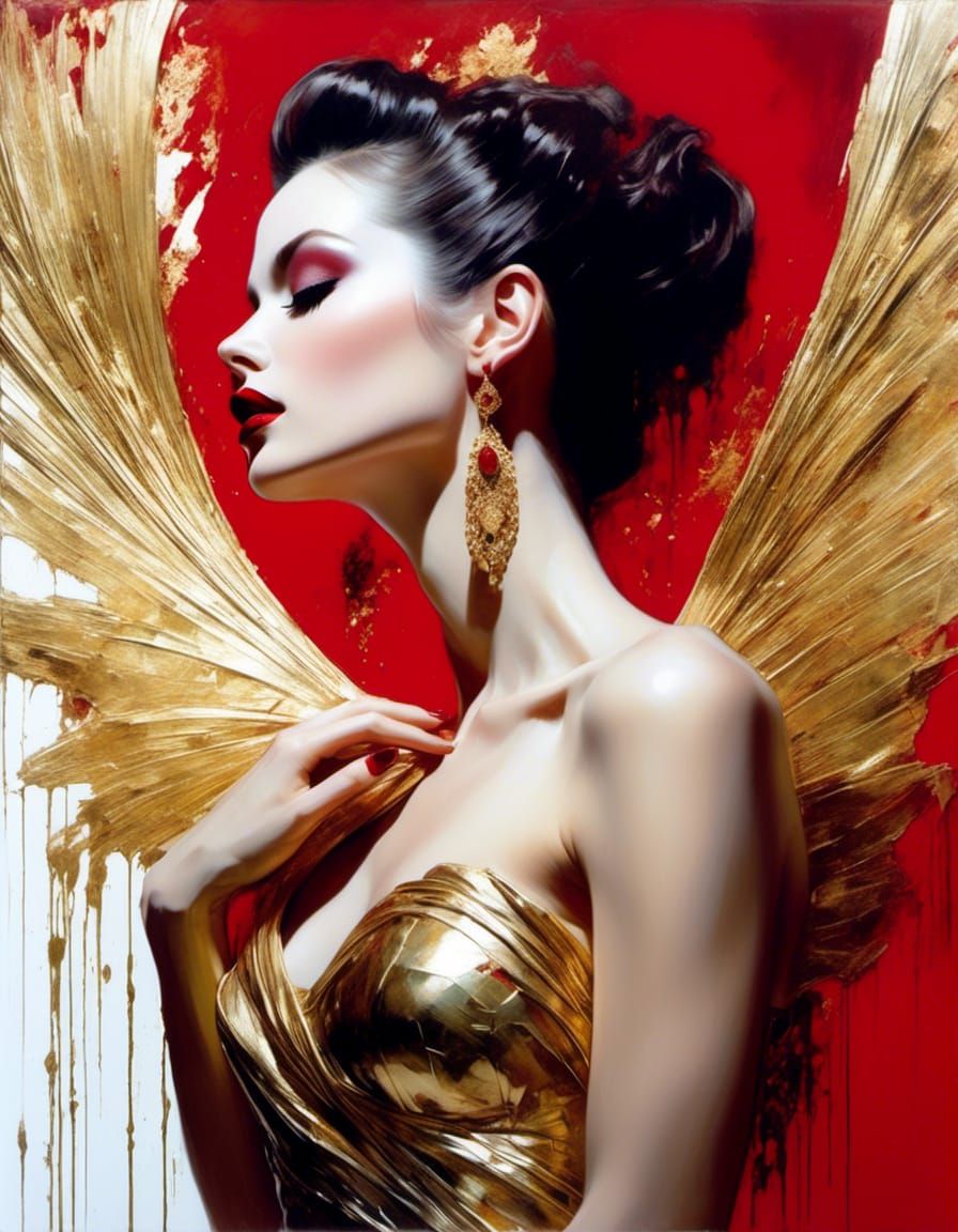 Fashionable Woman with Ruby Lips and Gold Highlights