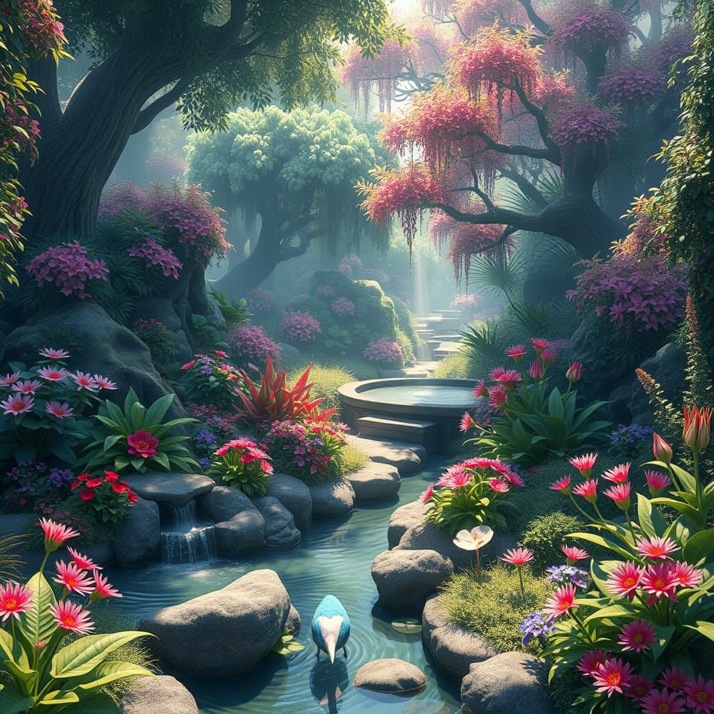 Surreal Garden Scene in 3D Anime Style