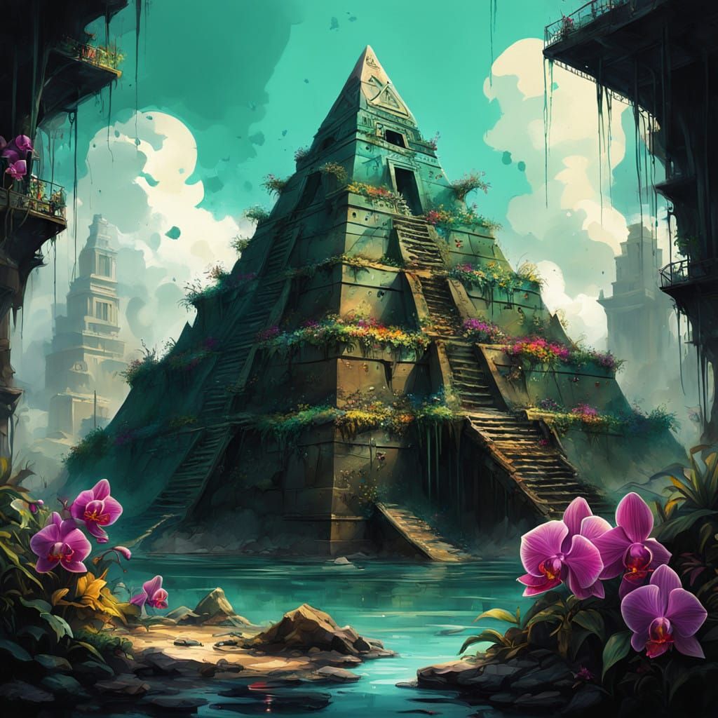 Emerald Oasis Pyramid with Gemstone Flowers and Graffiti