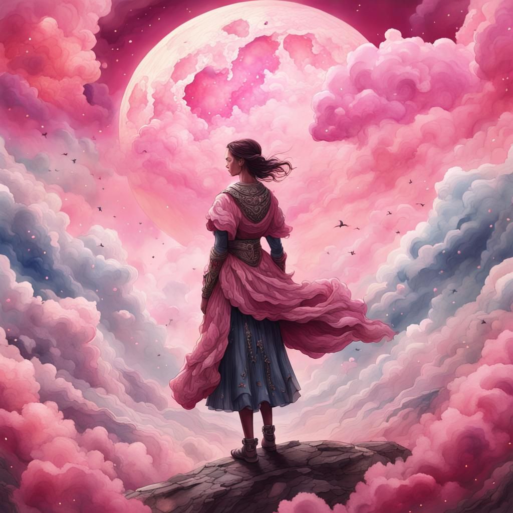 Woman on Moon with Pink Clouds, Watercolor Painting