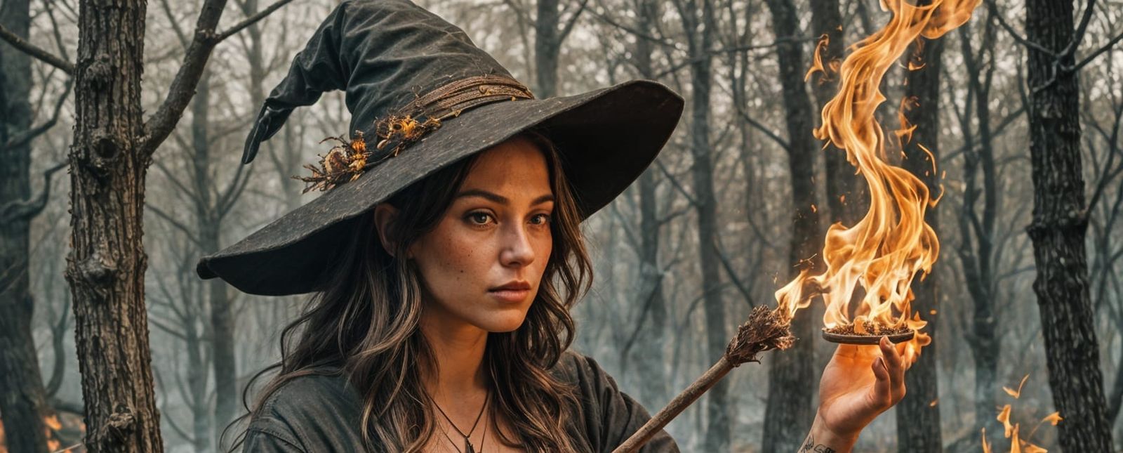 Young Witch Practicing Fire Magic in Realism
