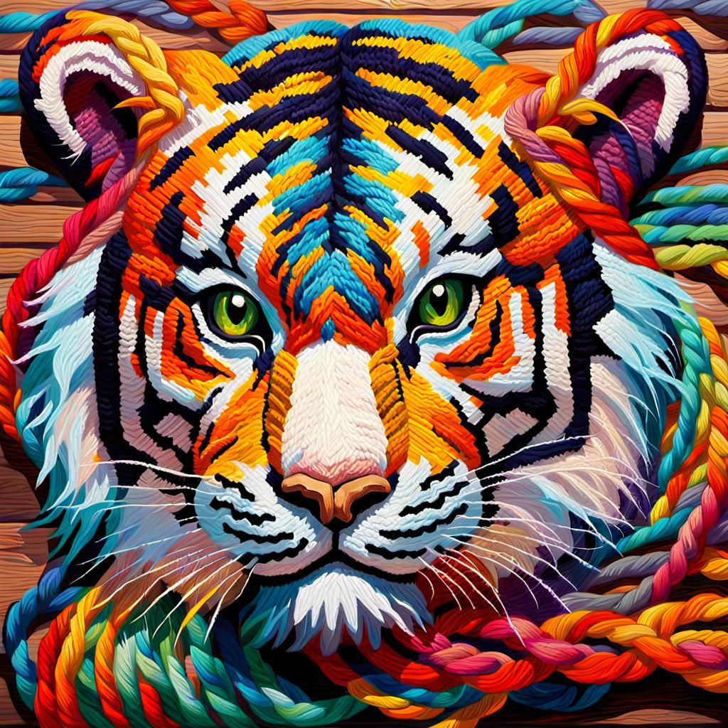 Knitted Tiger on Wooden Floor in Fauvist Oil Painting