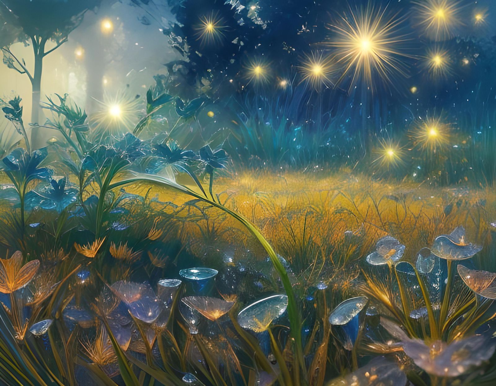 Ethereal Dew-Kissed Plants in a Magical Landscape
