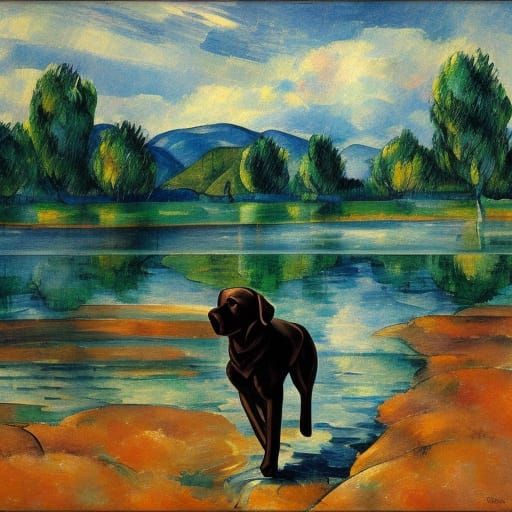 Labrador Retriever in Lake: Post-Impressionist Style