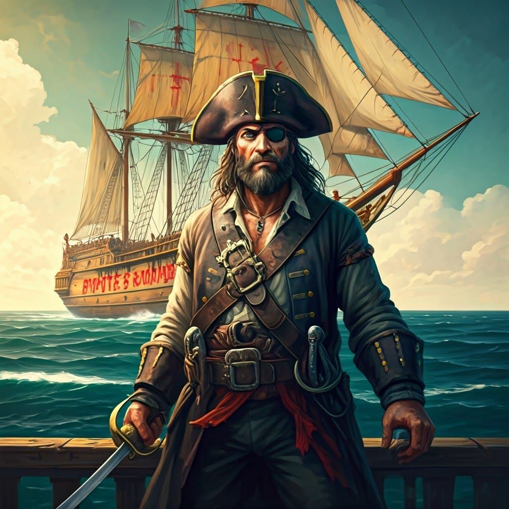 Rugged Pirate at Helm of Galleon, Oil Painting