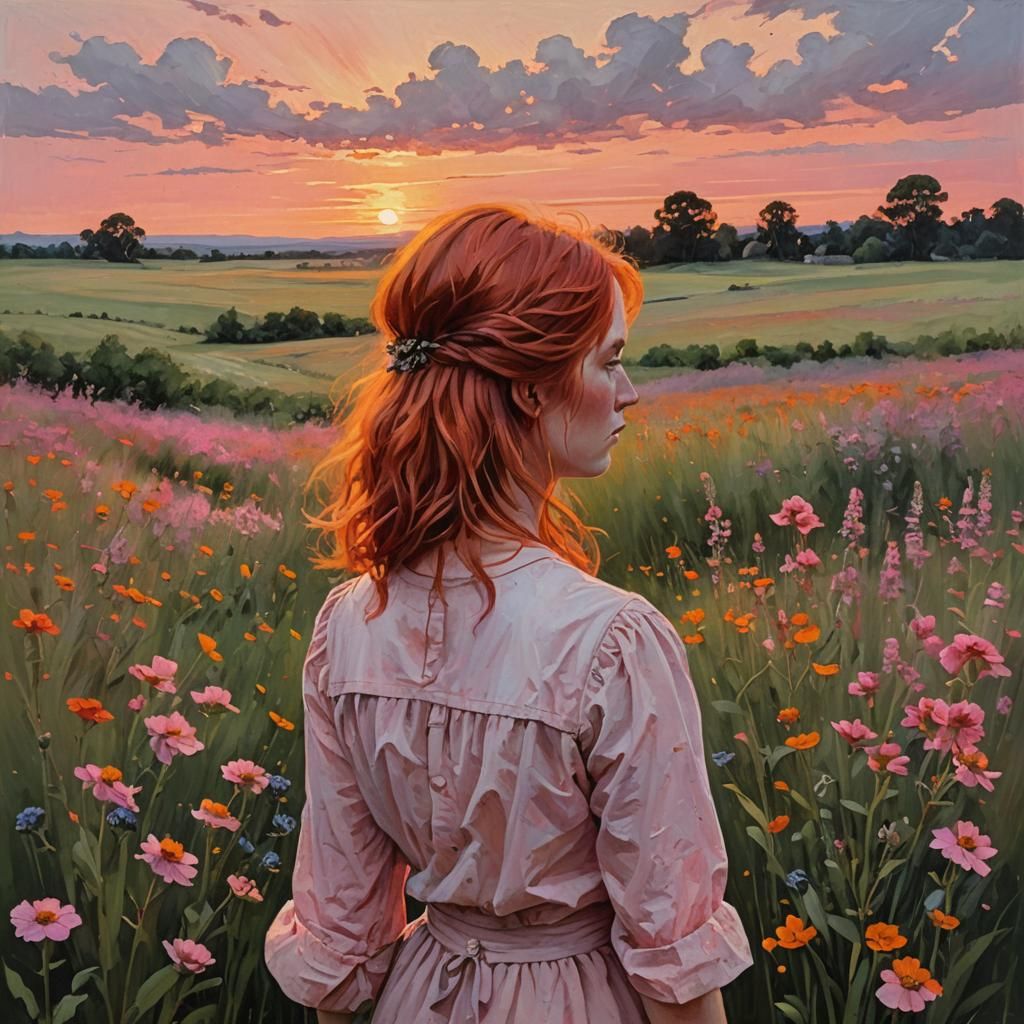 Woman surrounded by poppies and cone flowers