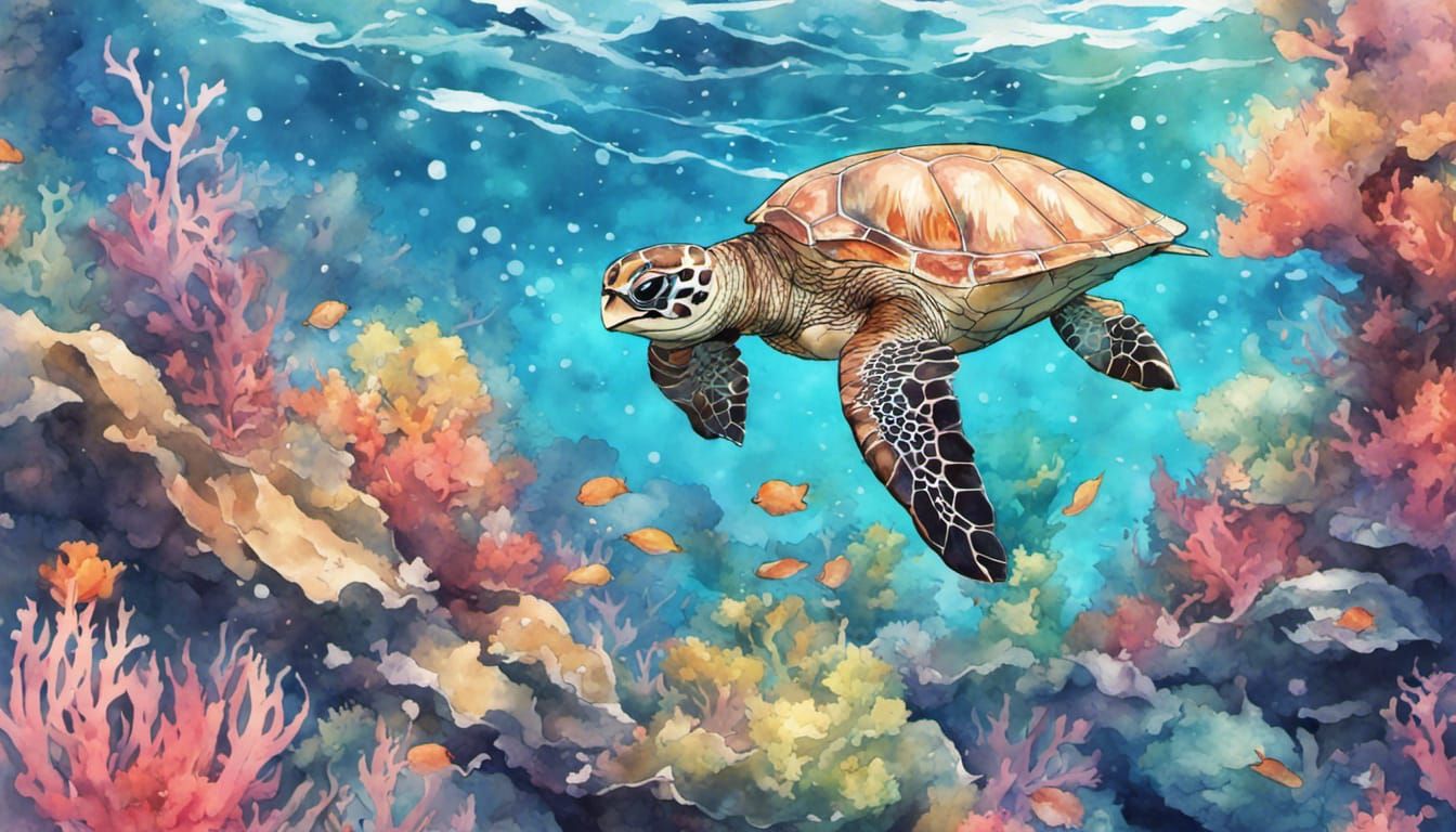 Sea Turtle Swim in Watercolor Coral Reef