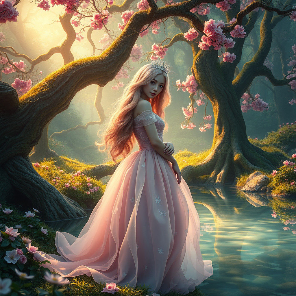 Pastel Princess in Lush Forest, Digital Concept Art
