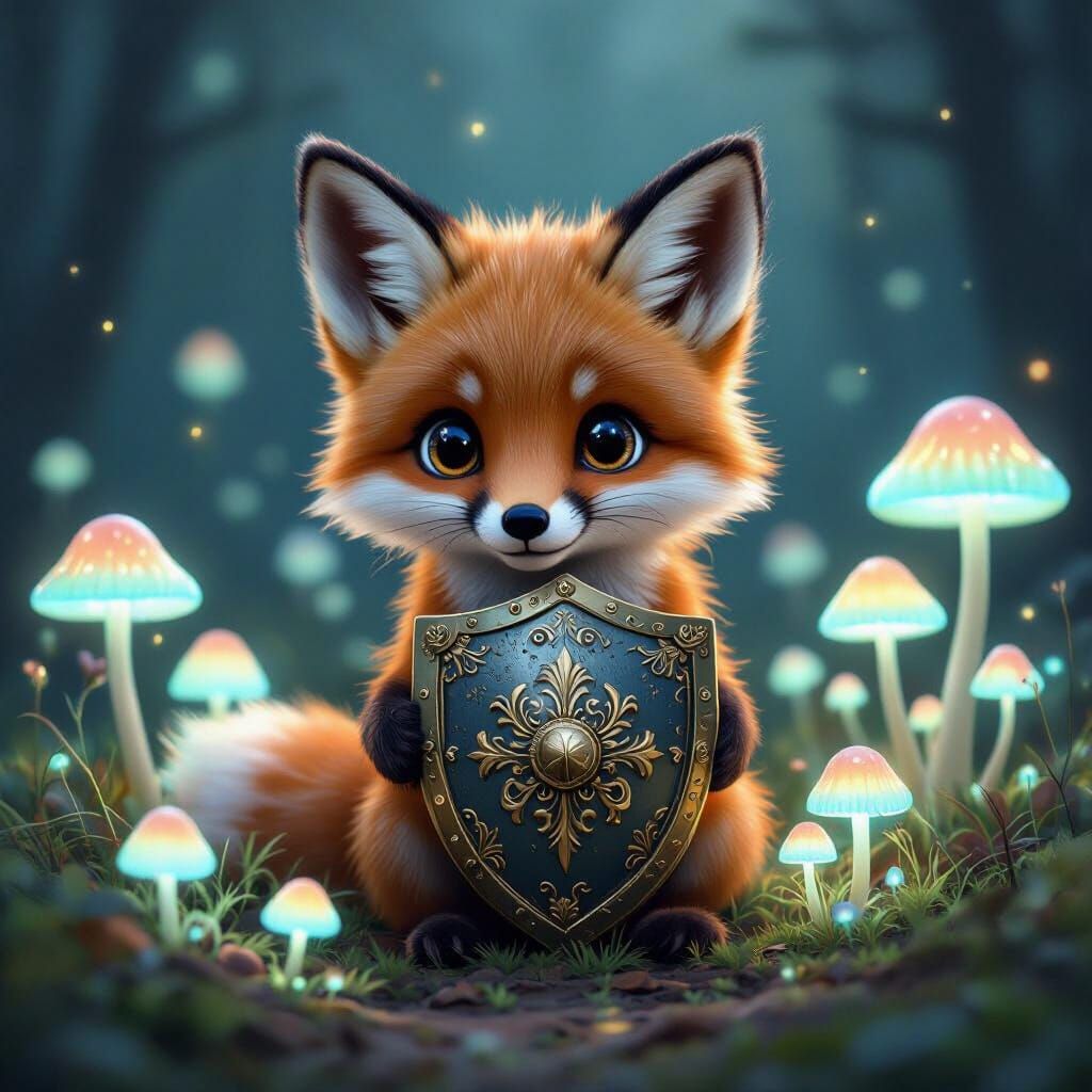 Whimsical Fox Kit With Shield Amidst Glowing Mushrooms