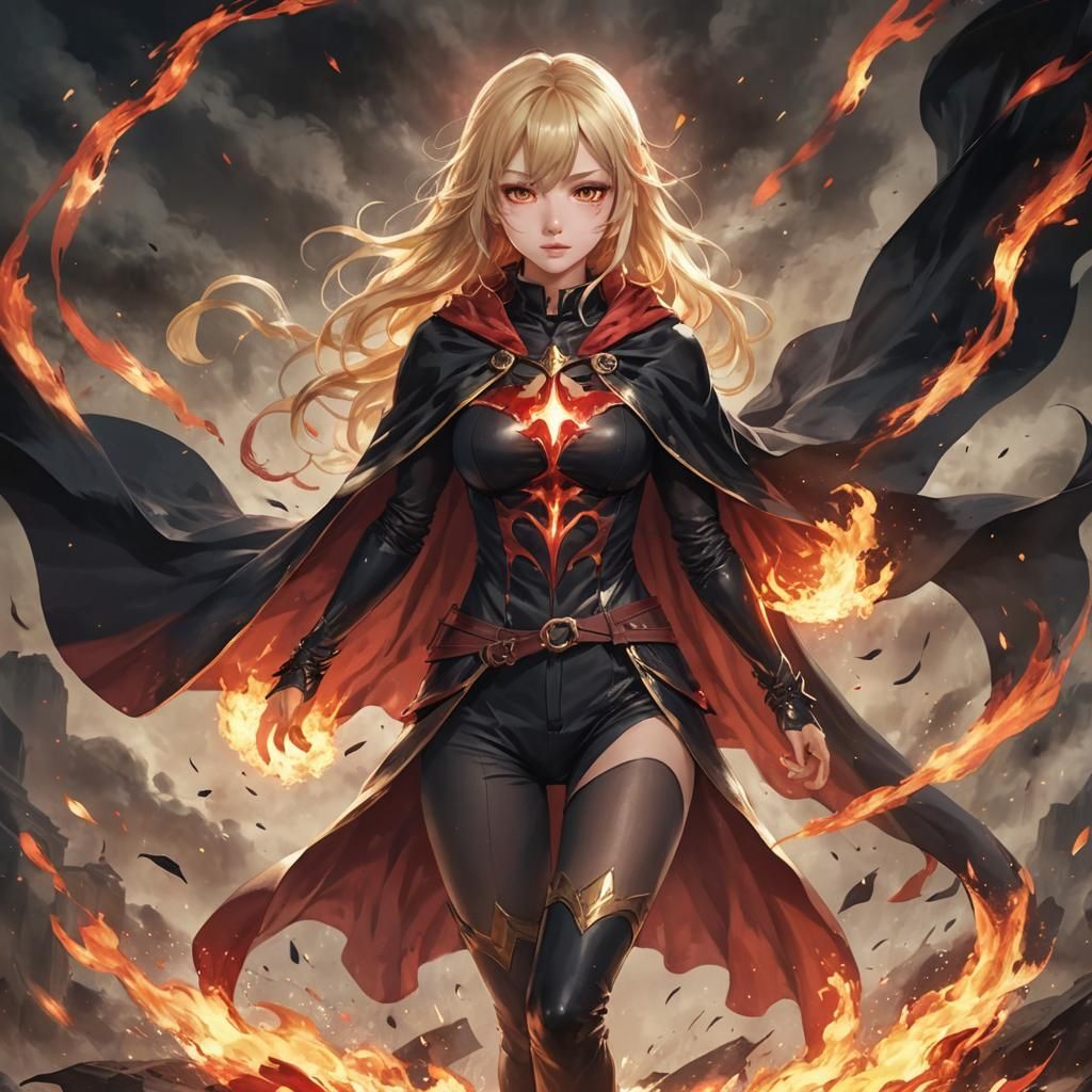 Anime Woman with Flaming Cape in 8K