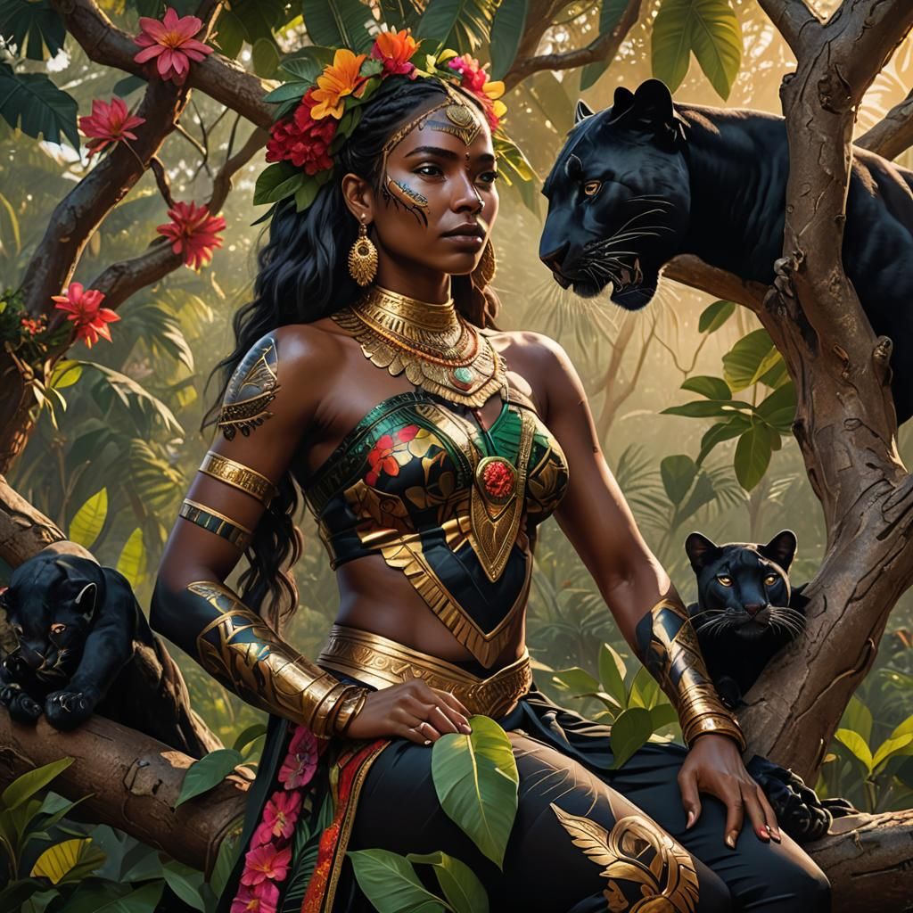 Amazonian Woman with Panther: Hyperrealistic Concept Art