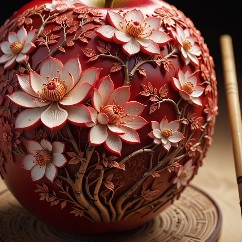 Intricate Chinese Engravings on a Red Apple