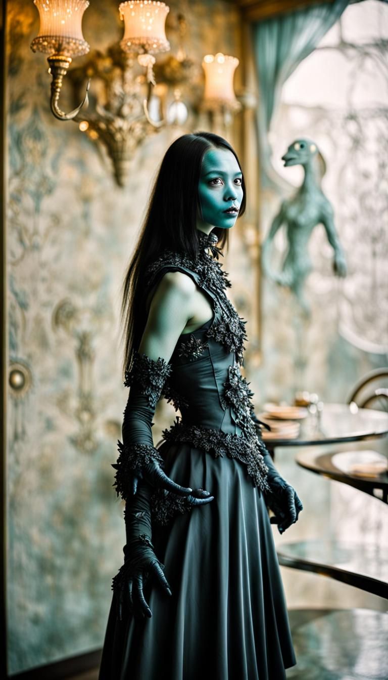 Surreal Alien Celebration in Gritty Restaurant