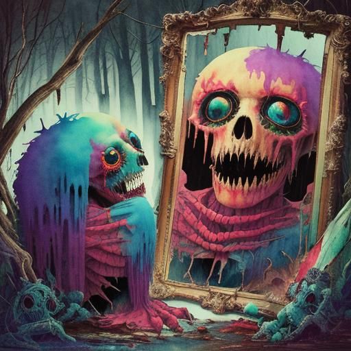 Monster's Reflection: Macabre Glitch Art in Watercolor