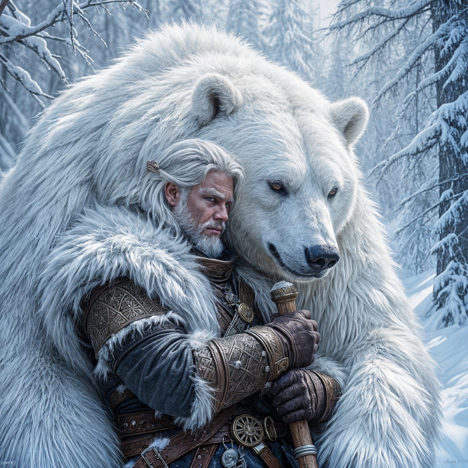 Fantasy Scene: Man and Bear in Snowy Forest