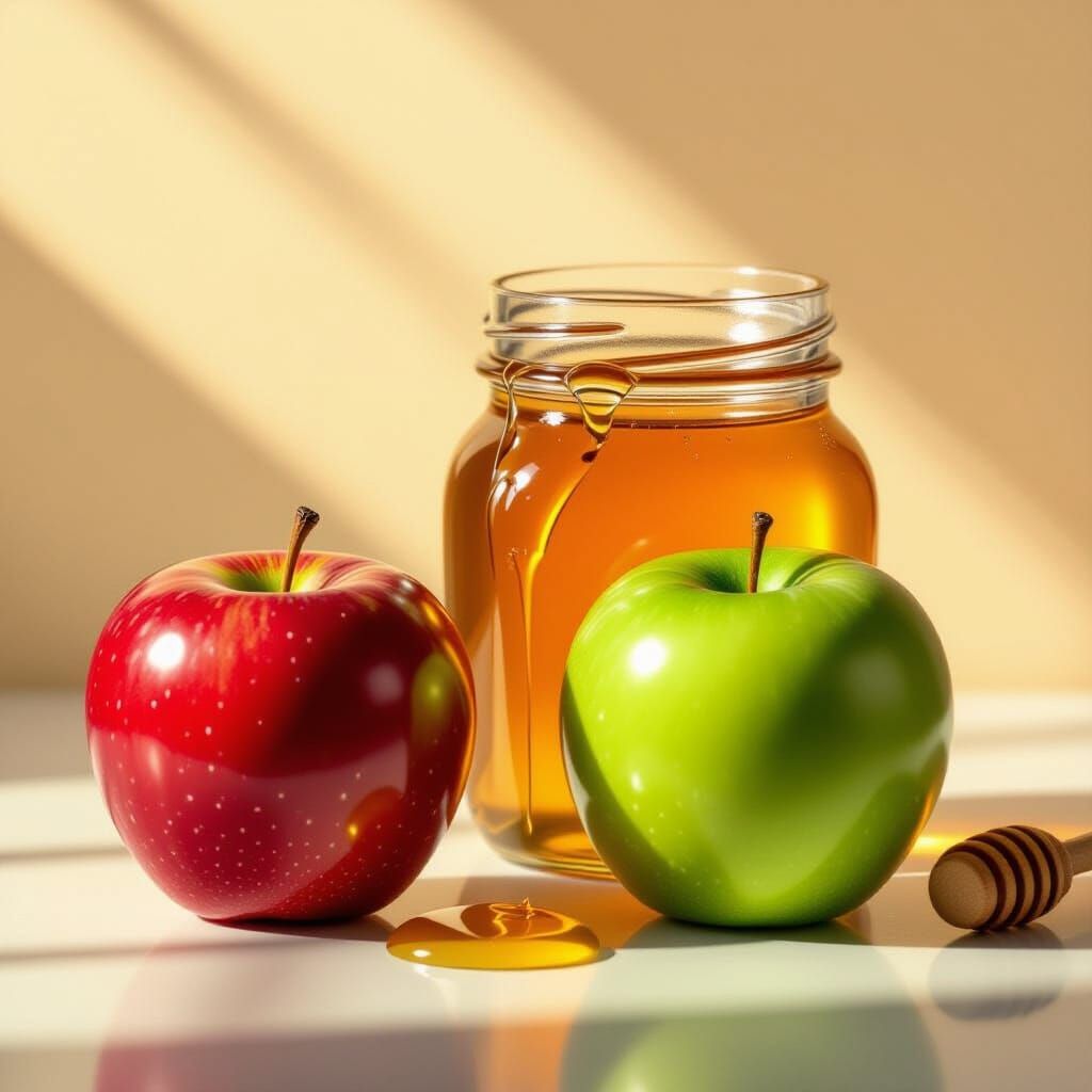 Realistic Still Life of Apples and Dripping Honey Jar